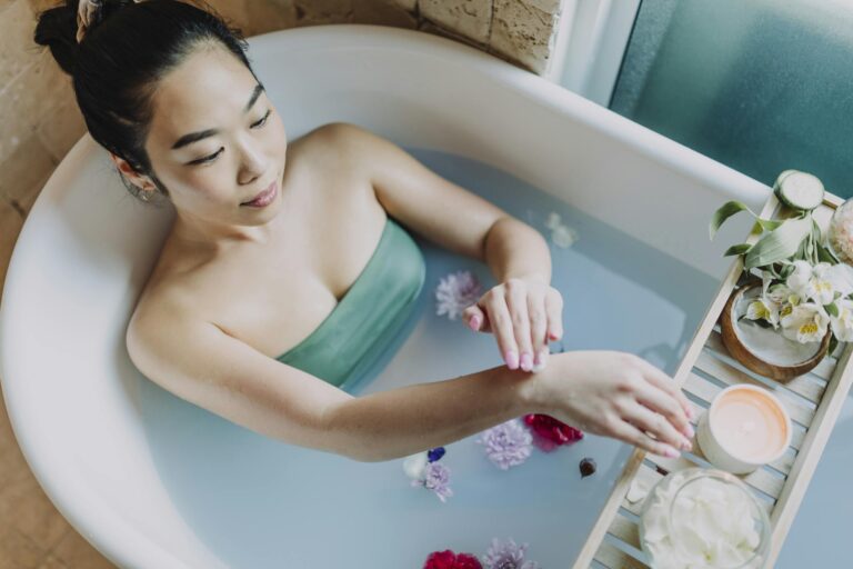 Woman in Blue Tube Dress in Bathtub